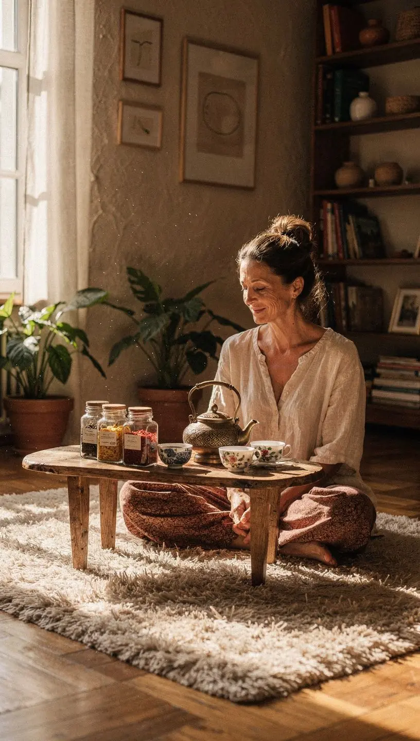 Rankos laiko arbatinuką, pilant šviežiai paruoštą žolelių arbatą į porcelianinį puodelį.