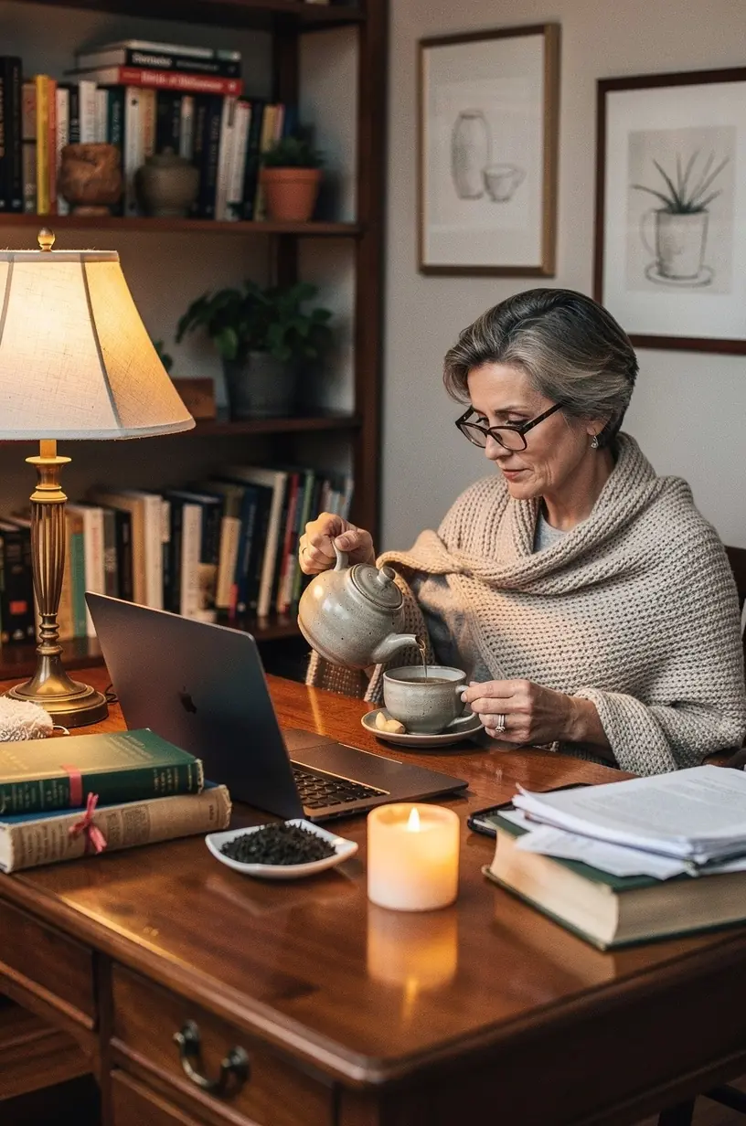 Žmogus sėdintis ant sofos, mėgaujantis arbatos ritualu ir ramiai nusiteikęs prieš miegą.